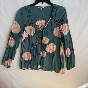 Billabong Teal Floral Lace-Up Long Sleeve Blouse. Size Large  Rayon INV25/476
